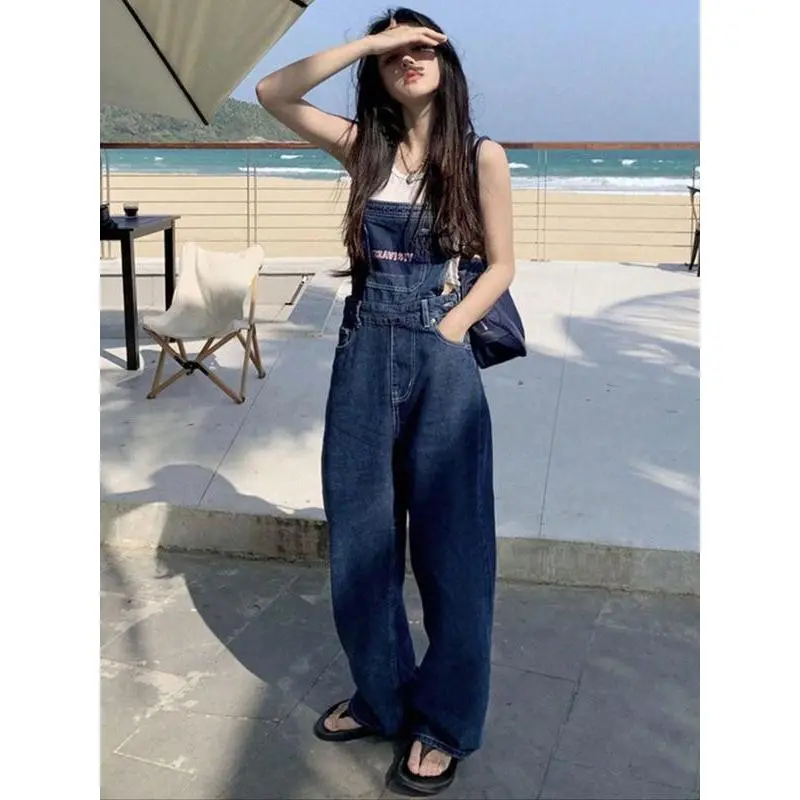 Loose-Fitting Dark Wash Denim Overall Jumpsuit for Women, Versatile Year-Round Fashion, Simple Style with Comfort Fit