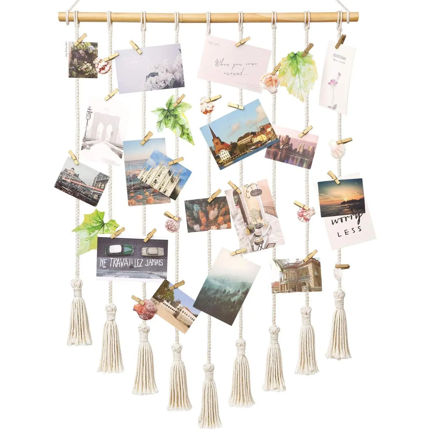 Mkono Teen Girl Room Decor Boho Macrame Hanging Photo Display, Pictures Cards Holder Wall Art for Bedroom Livingroom Dorm Home Teens Women Christmas Birthday Gift, with 40 Wood Clips, 37" L x 23.6''W