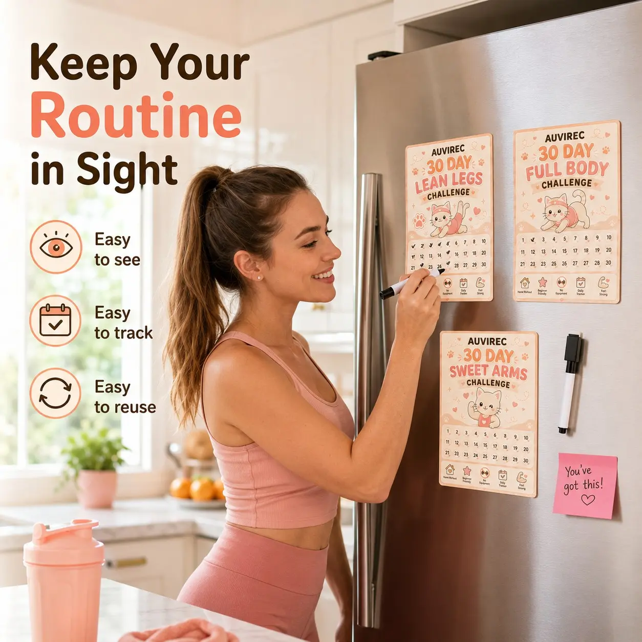 Auvirec 30-Day Reusable Fitness Planner Set, 6 Pet Workout Sheets + Erasable Marker, Daily Training Tracker, Home Gym Goal Manager