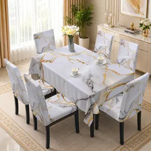 5/7 Pcs Premium White Gold Marble Texture Tablecloth & Chair Cover Set, Modern Luxury Minimalist Style, Stretch Full Wrap Removable Washable Dining Chair Slipcover, For Family Home, Daily Dining, Holiday Gathering, Birthday Party Decor