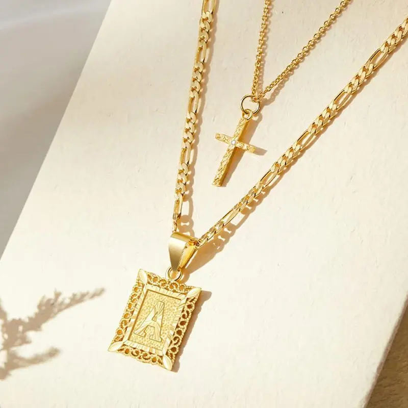 Trendy Stackable Double Layer Necklace Set, Square Letter Pendant & Cross Charm With Melon Buckle Clasp Smooth Figaro Chain Multi-Layer Matching Neck Jewelry All-Match Daily Street Dating Accessory Gift Double Layer Necklace