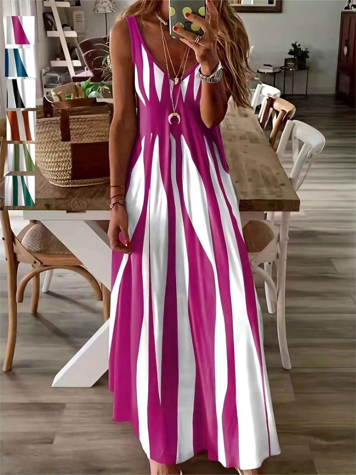 New Summer Women's Casual Sleeveless Long Dress, Trendy V Neck Striped Print Daily Wear Elegance, Casual Beach Sundress