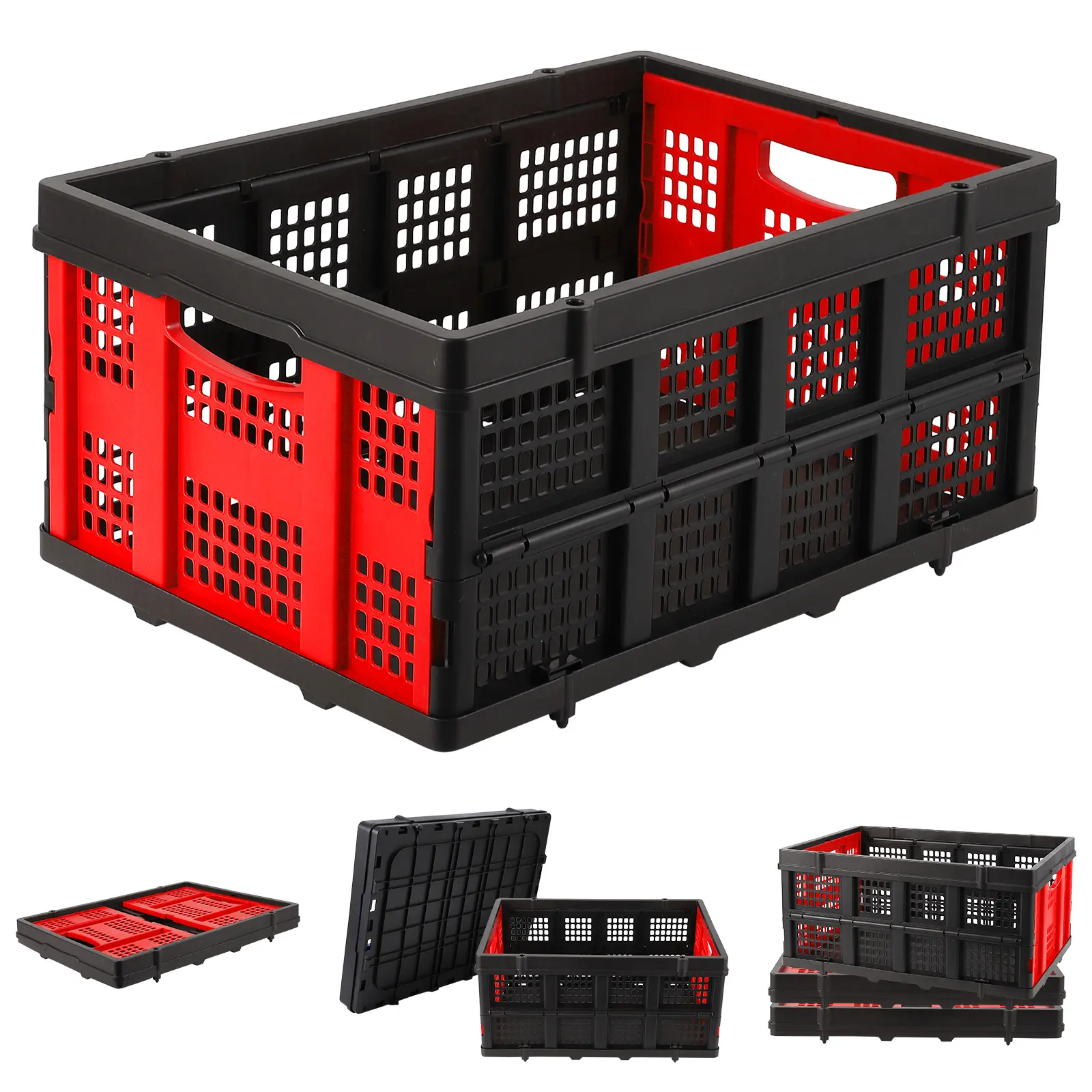 55L Heavy Duty Collapsible Storage Crate - Stackable Plastic Bin with Handles, 55 lbs Capacity, 15.7" x 22" x 10", All-Weather, Folds Flat - Home Organizer for Garage, Kitchen, Office