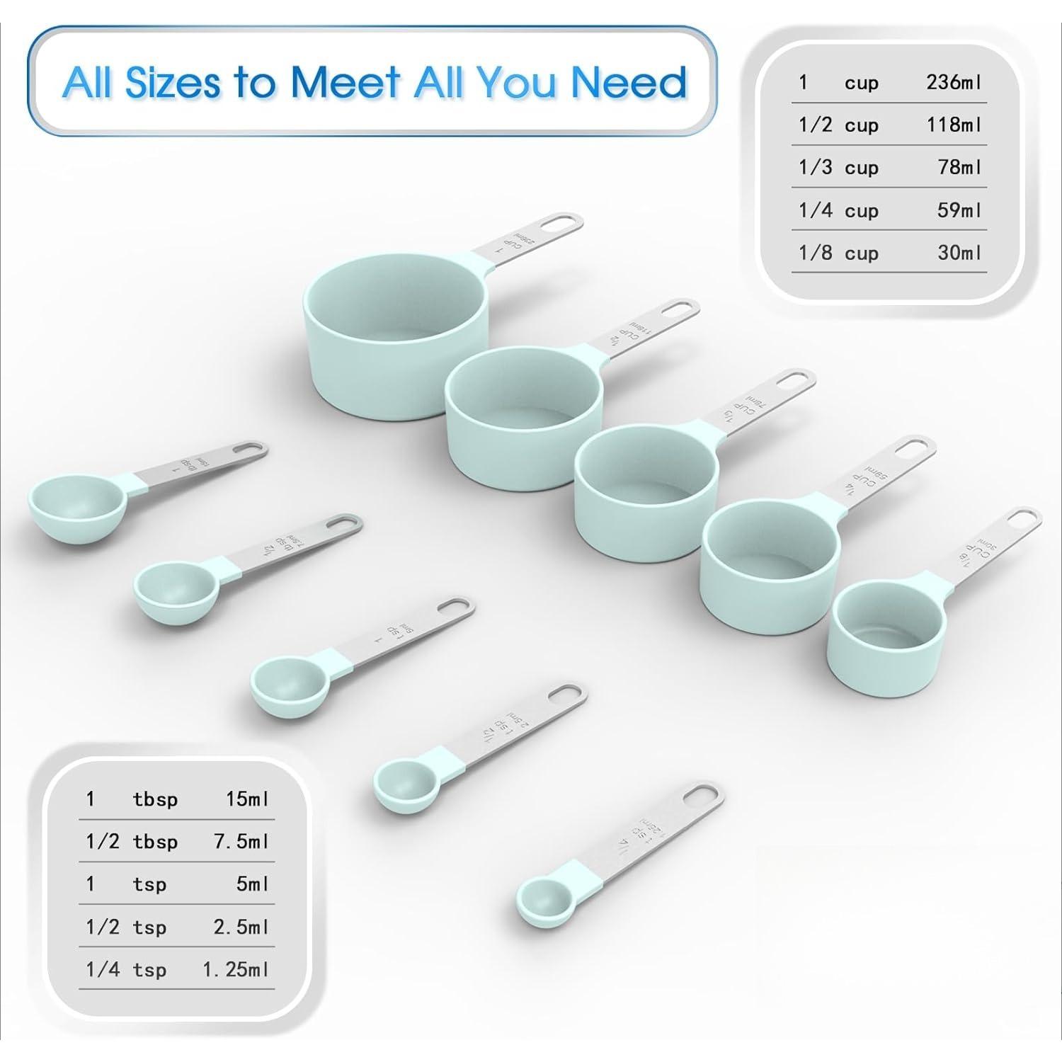 Green Measuring Cups & Spoons Set Stackable Nesting Stainless Steel Handle Cooking Baking Kitchen Gadget