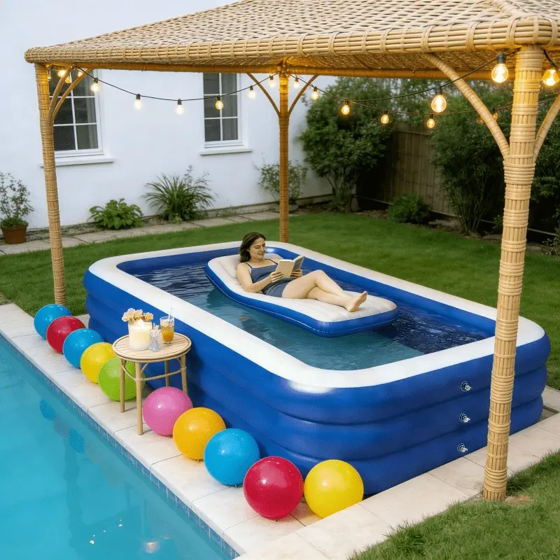 This 3-piece set includes a blue inflatable pool, a pool mat and an air pump. Designed with three tiers, it's spacious and perfect for swimming and outdoor backyard entertaining. Perfect for family gatherings. Inflatable Kiddie Pool Blow Up Pool