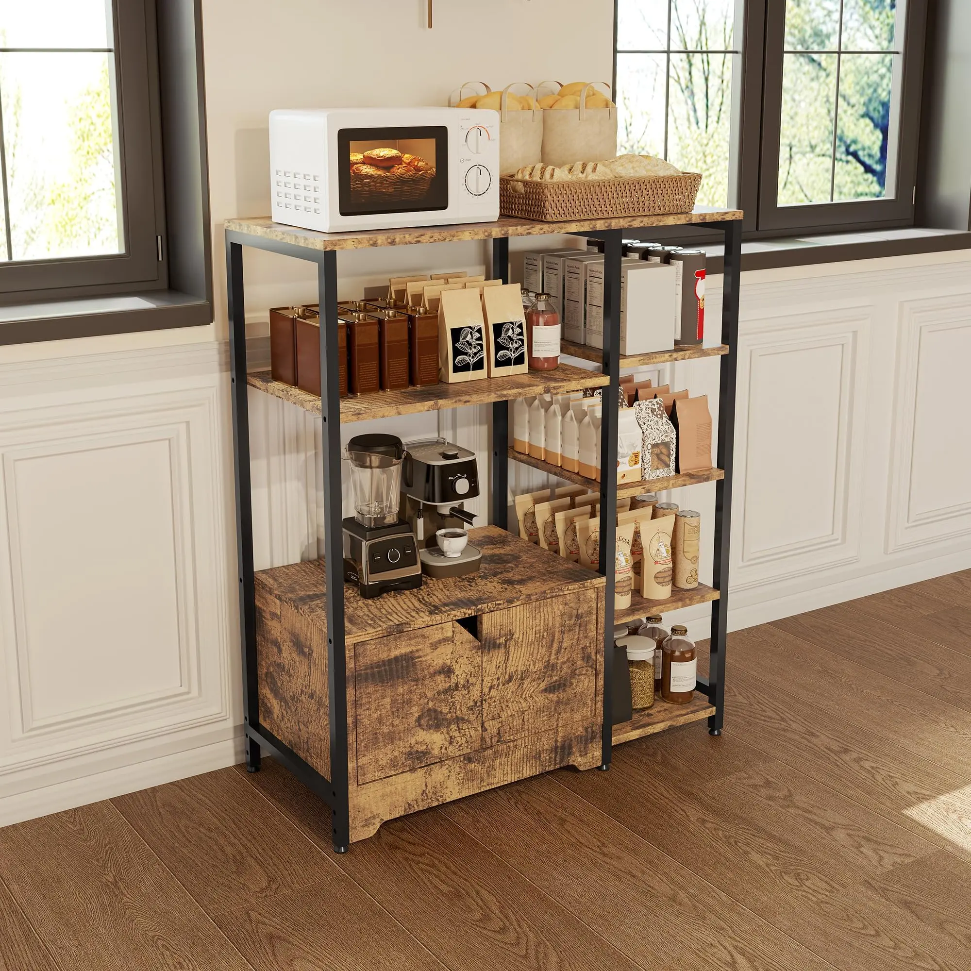 Garvee 38.2 inch Bakers Rack with Storage, Industrial 5-Tier Microwave Stand with Cabinet & Shelves, Freestanding Kitchen Rack Coffee Bar for Living Room, Dining Room & Garage, Brown