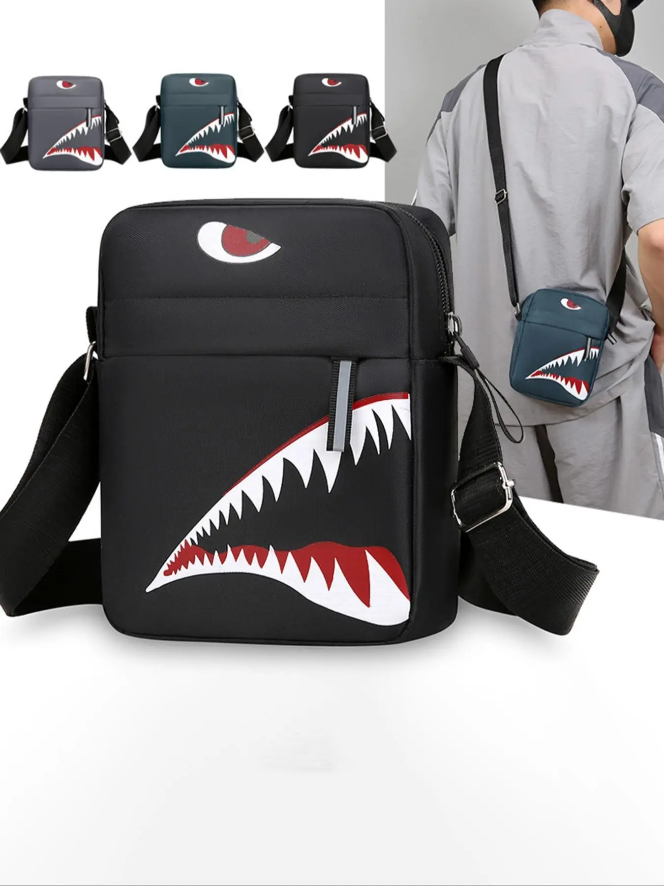Men's Shoulder Bag Crossbody Backpack Cartoon Casual Shark Pattern Small Square Bag Single Shoulder Bag Lightweight Gift Casual Crossbody Bags