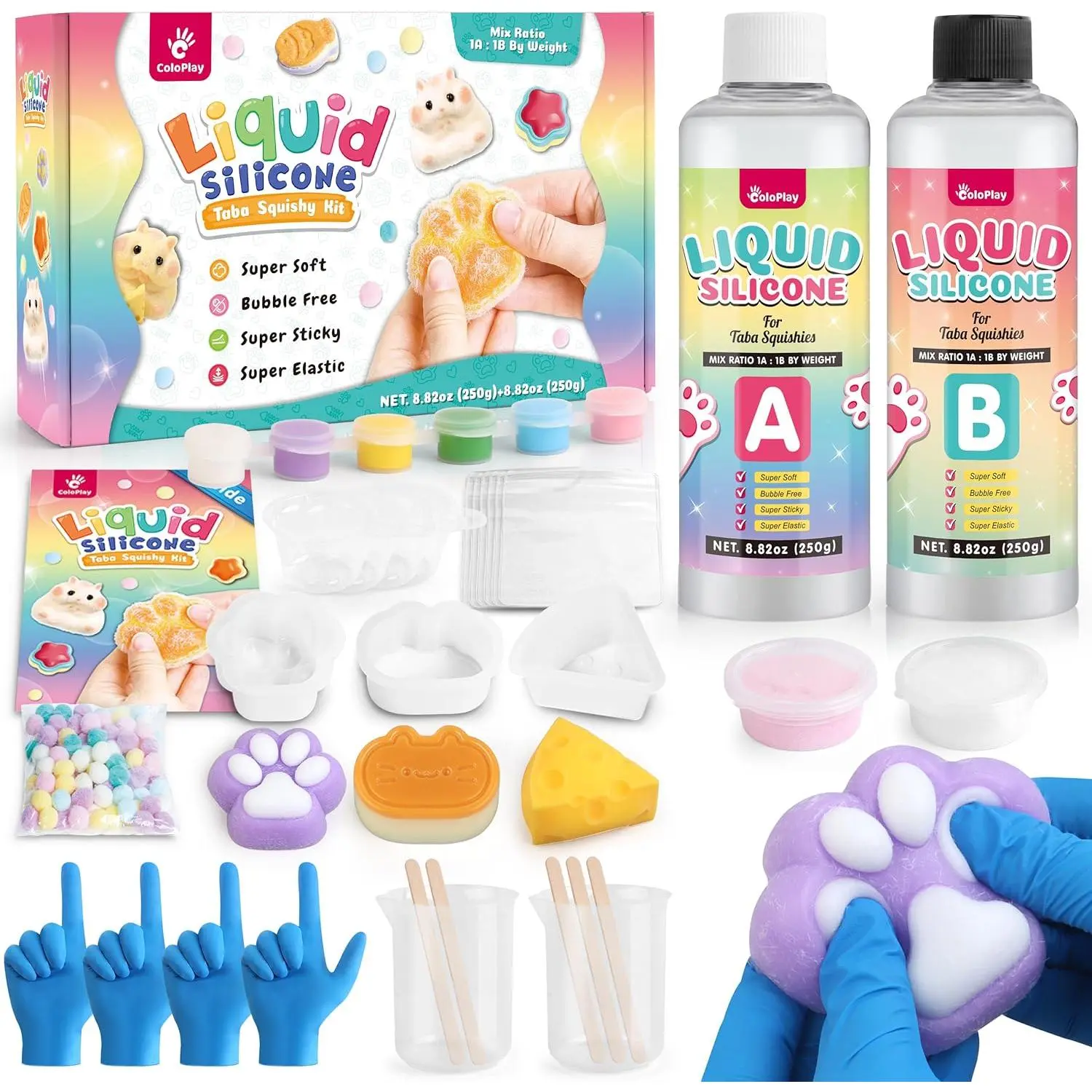 Taba Squishy Kit - 18OZ Rubber with Guided, Bubble Free and Faster Fully Cures - FuFu Squishy Kit with Mold, Flocking Powder - Stress Relief Entertainment