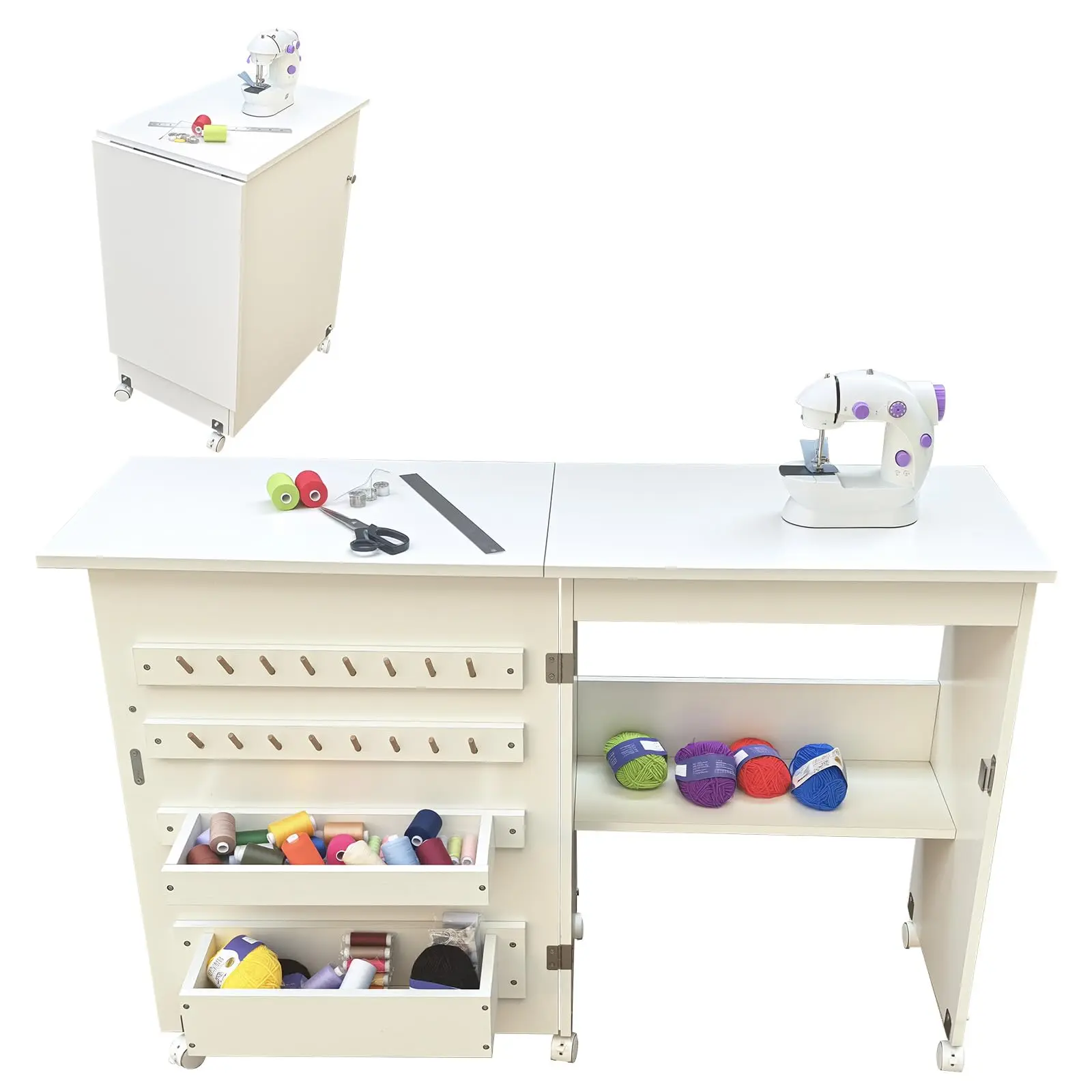 Compact Folding Sewing Table with Wheels – Multipurpose Craft Station, Home Office Side Desk with Storage Shelves, Trays, Wooden Pegs, Magnetic Doors for Organized Space