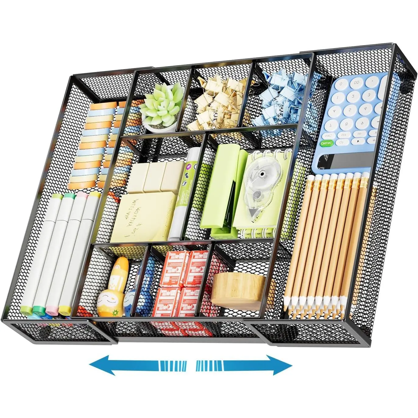 Expandable Mesh Desk Drawer Organizer Tray with 10 Adjustable Compartments and 5 Dividers for Office Supplies, Makeup, and Vanity - Black