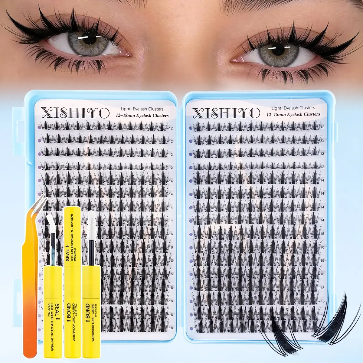 384PCS Fall Maple DIY Lash Set (w/ tweezers & glue), spiky fairy clusters, wet-look, cute & lightweight, invisible thin band,  for daily/outing/festival/party/date makeup.