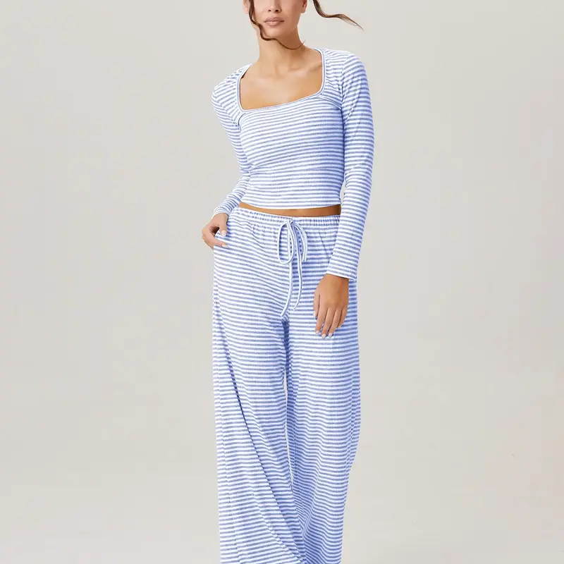 Women's Slouchy Square Neck Stripe Long Sleeve Crop Top & Low-Rise Wide Leg Trousers Co-ord Casual Lounge Set