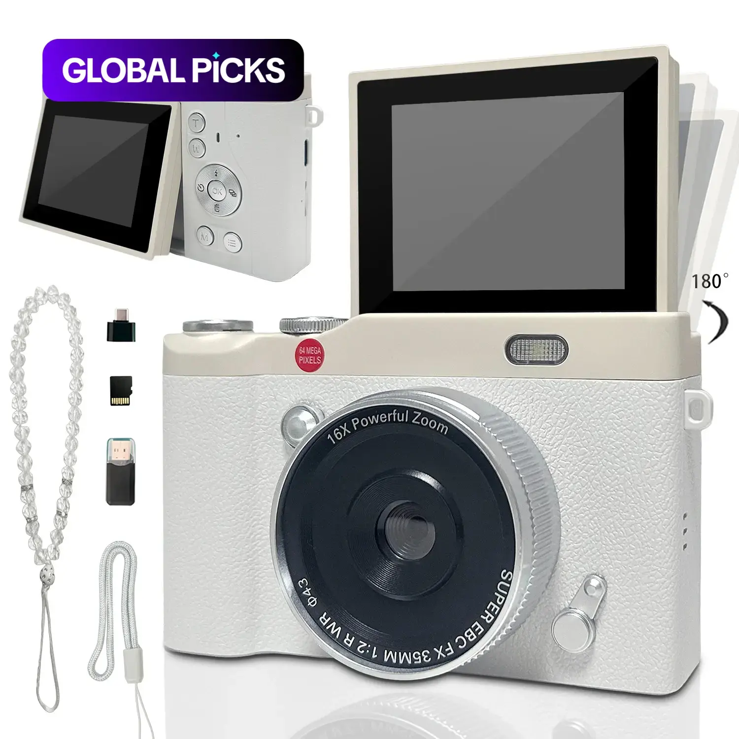 Flip Screen Portable Camera for Teens, Y2K Vintage Student Camera, Pocket Camera with Crystal Lanyard, Entry-Level Digital Camera with Memory Card, Built in Filters, Perfect for Back to School, Christmas & Thanksgiving