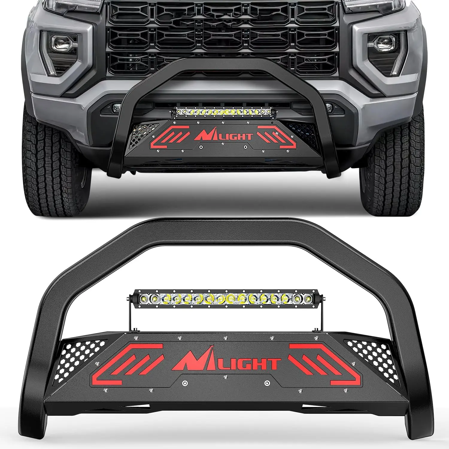 Nilight Bull Bar with Light fits Chevy Colorado (Excl. ZR2) 2015-2022 & GMC Canyon 2015-2022 Front Bumper Grille Brush Push Guard with Skid Plate Licence Plate Hole Black