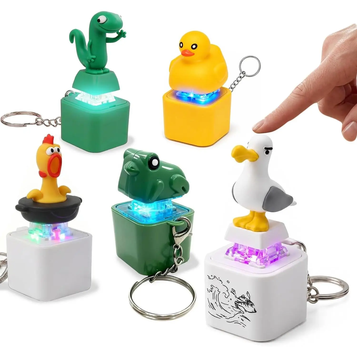 1/5PCS Button Keychain Fidget Toy, Rechargeable Sound LED Clicker| Quacking Duck, Screaming Chicken, Seagull, Croaking Frog & Lizard Fidget Fun, Stress Relief Play and Portable Entertainment