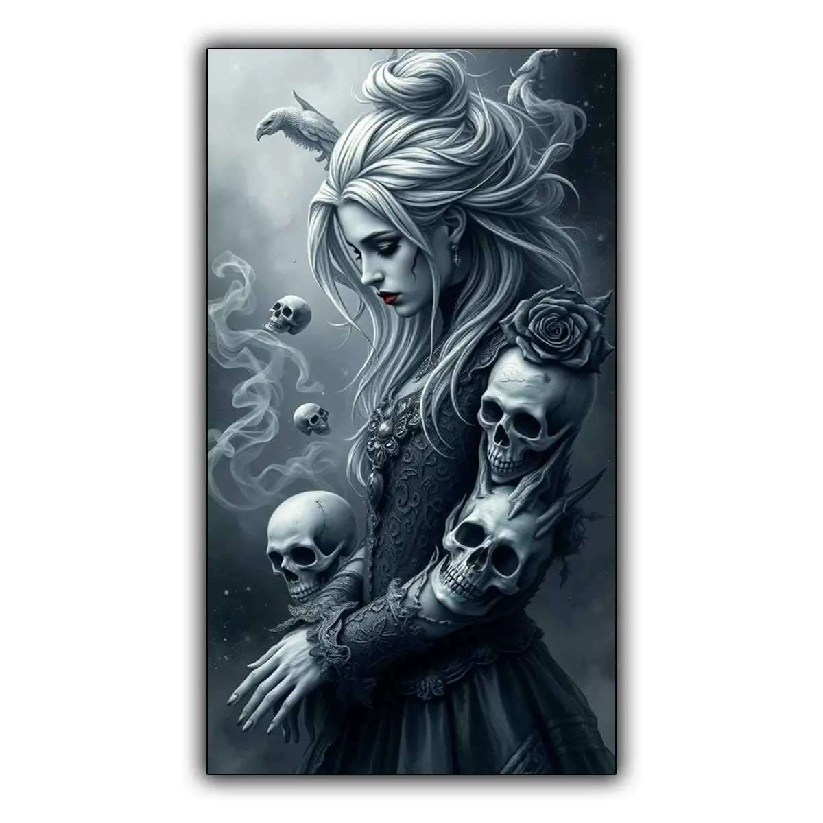 Gothic Witch & Skulls 5D Diamond Painting Kit, Full Round Drill Cross Stitch Art, DIY Craft for Adults, Dark Fantasy Home Wall Decor