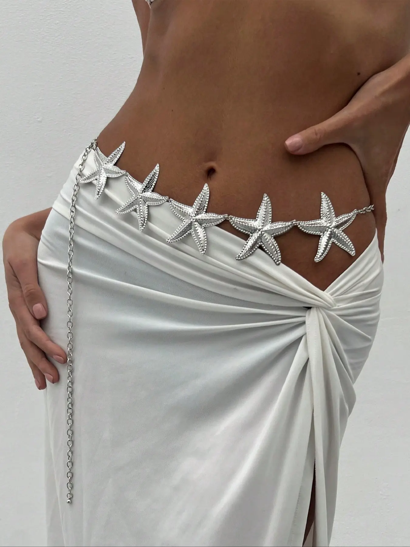 Alloy Starfish Waist Chain Belly Chain, Silver Color Ocean Themed Body Jewelry, Adjustable Waist Chain, Ideal for Beachwear Parties Festivals