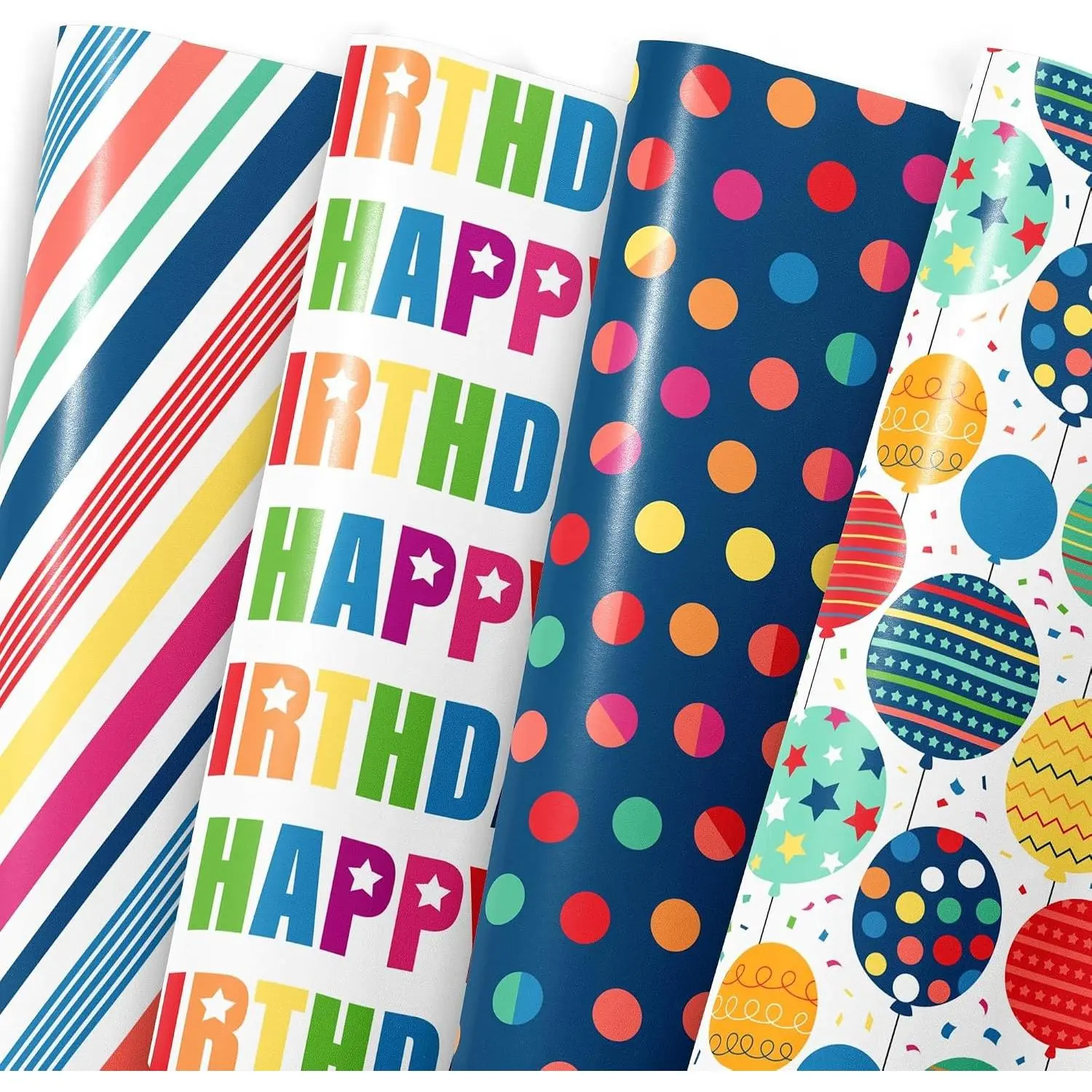 Birthday Wrapping Paper for Boys Girls Women Men,12 Sheets Gift Wrapping Paper with "Happy Birthday" Polka Dots, Balloons, Colorful Stripes - Holiday Gift Wrap 20×28 Inch