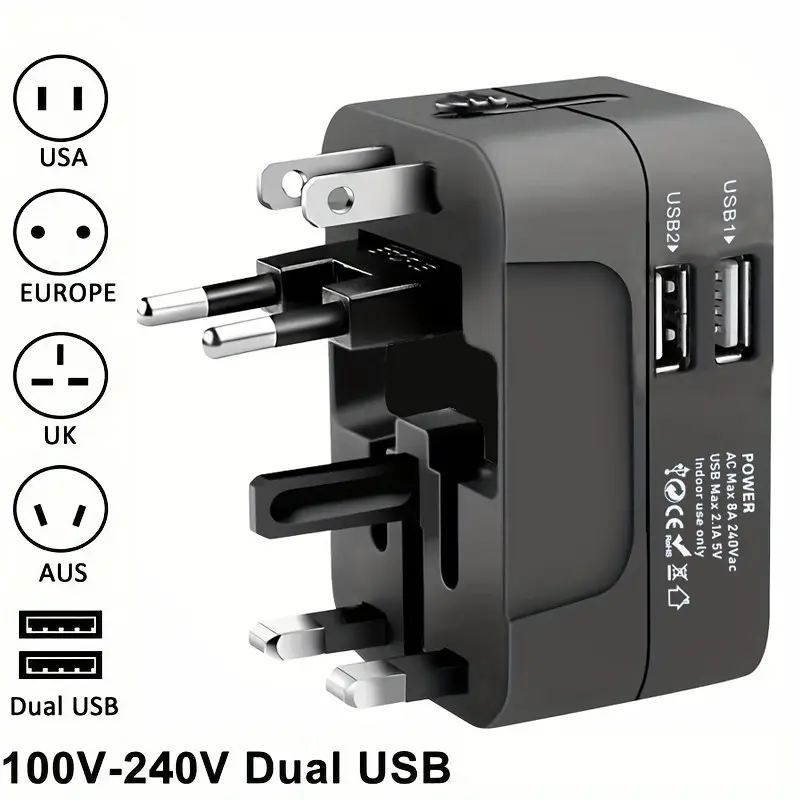 Universal Travel Adapter, Multipurpose 4 in 1 Plug Adapter with USB A, US to Europe Plug Adapter, Foldable Plug Conversion Socket, Suitable for Europe, EU, UK & Australia