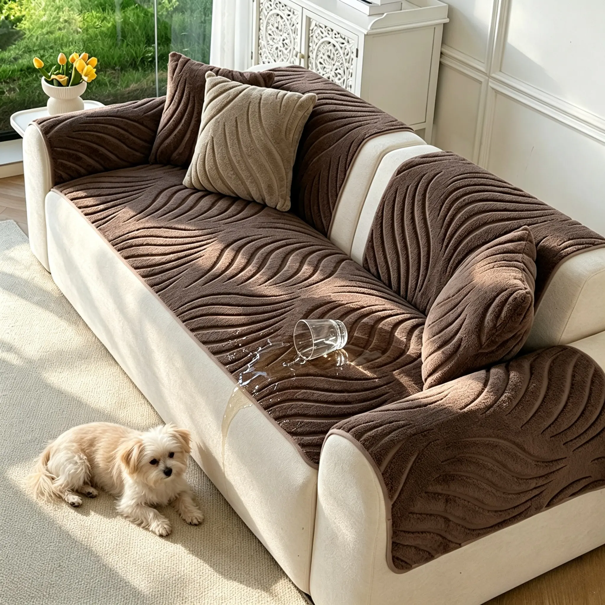 1pc Maroon Wave Pattern Plush Sofa Cushion, Silicone Non-Slip Bottom, All Seasons, Fits 1/2/3/4 Seater Sofas
