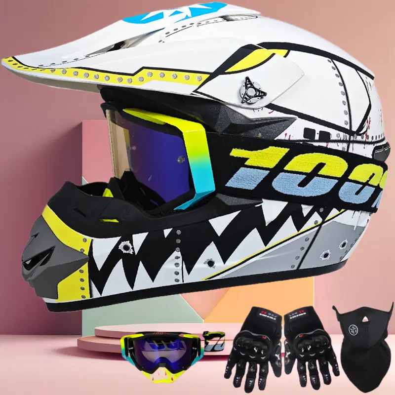 Full Face Helmet with Adjustable Straps, Comfortable Inner Cushion, Gloves & Face Mask – Wind & Dust-Blocking for Teens, Mountain Biking & Go-Kart Racing