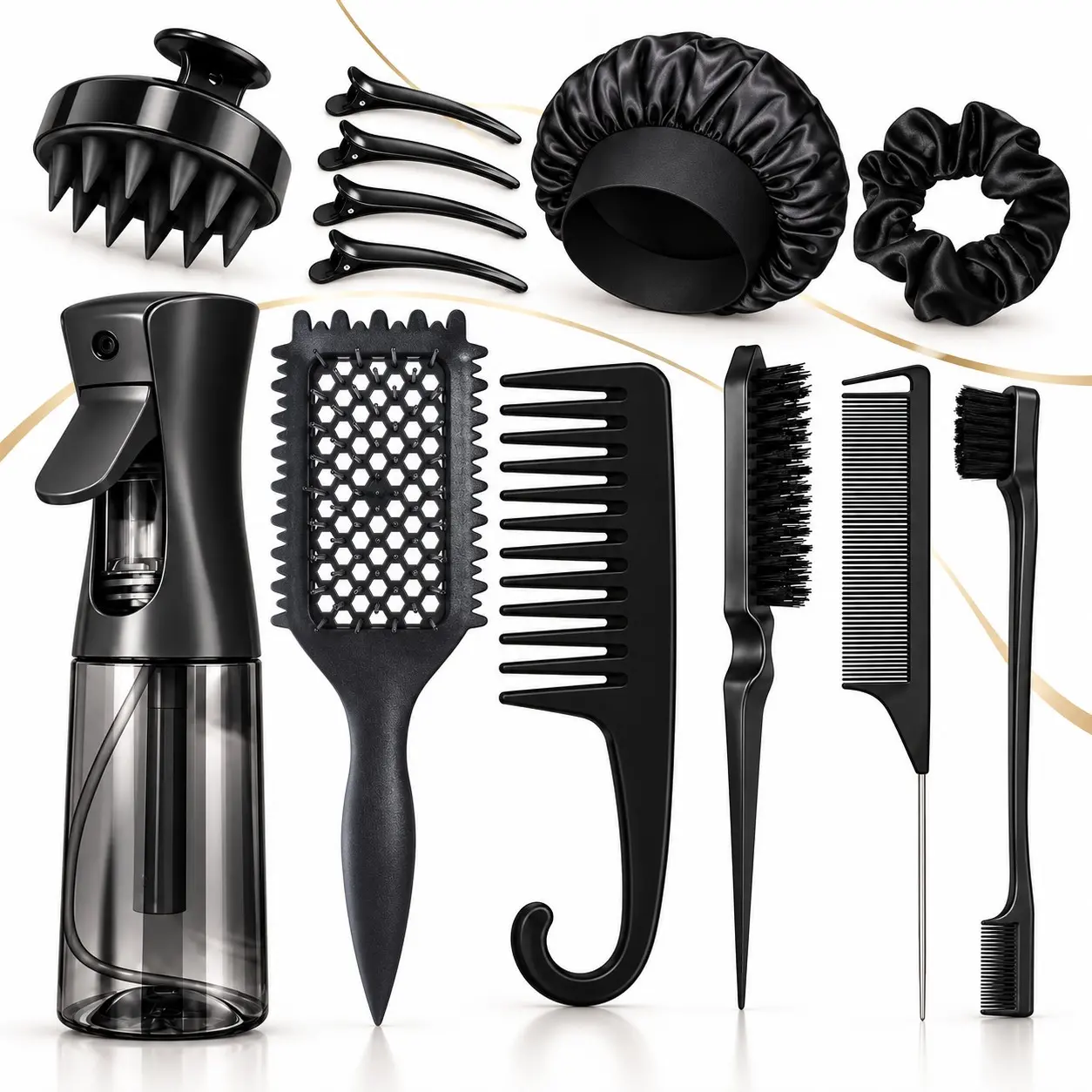 Hair Styling & Detangling Kit for Women, 13PCS Hair Care Set with Continuous Fine Mist Spray Bottle, Scalp Massager, Vent Brush, Satin Bonnet, Combs, Edge Brush & Clips for Wash Day, Detangling, Blow-Dry Prep, Braids, Edges & Night Care