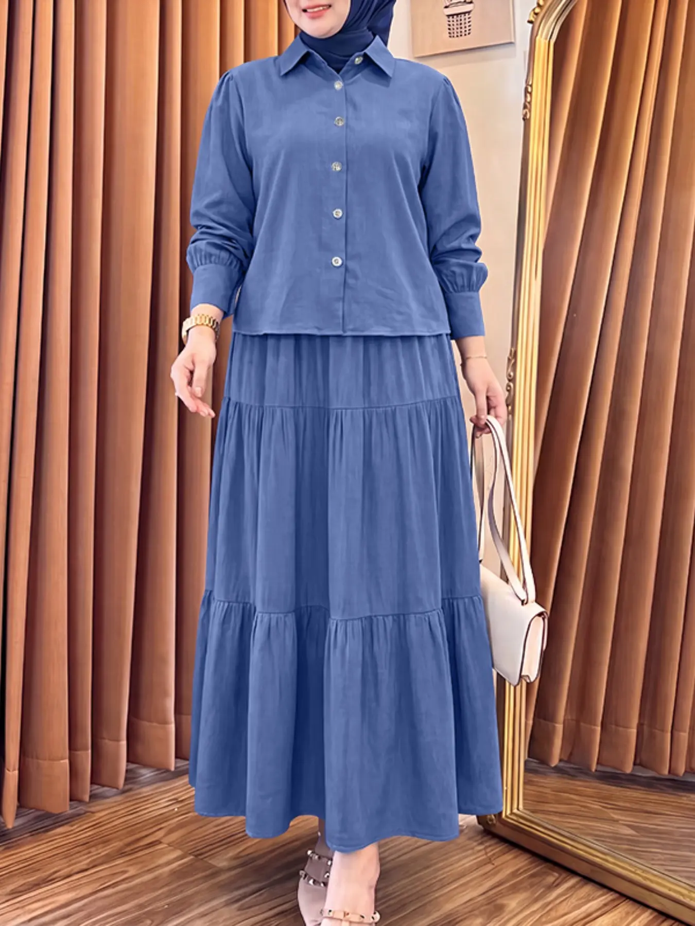 Muslim Modest Casual Lapel Long Sleeve Shirt + Elastic Waist Layered Denim Skirt Set, Matching Set Outfit, Matching Clothing Set, Matching Outfits Set, Two-Piece, No Pockets, Spring & Fall, Fashion Set, Fashion Style Sets