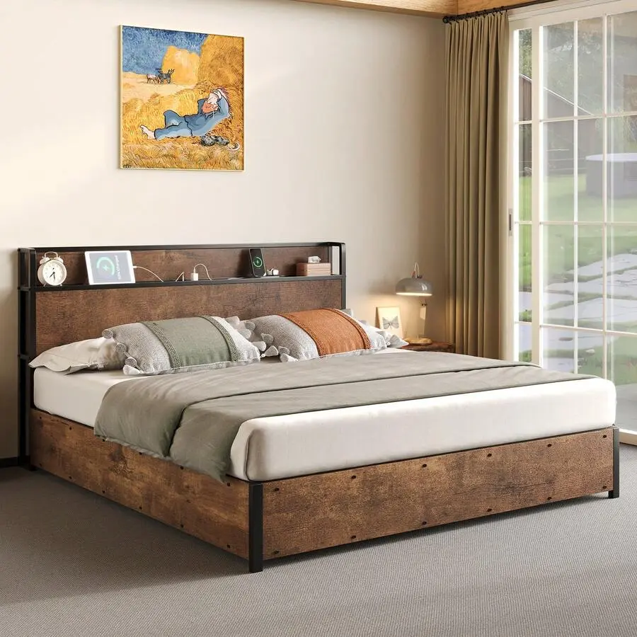 Full  Size Bedroom Set, Storage Bed Frame With Lift Up Storage And Charging Station, Nightstand Set Of 2 With Drawers, Farmhouse Bedroom Furniture Modern Bedroom Organization, Black, Rustic Brown, Rustic Grey, White Birch