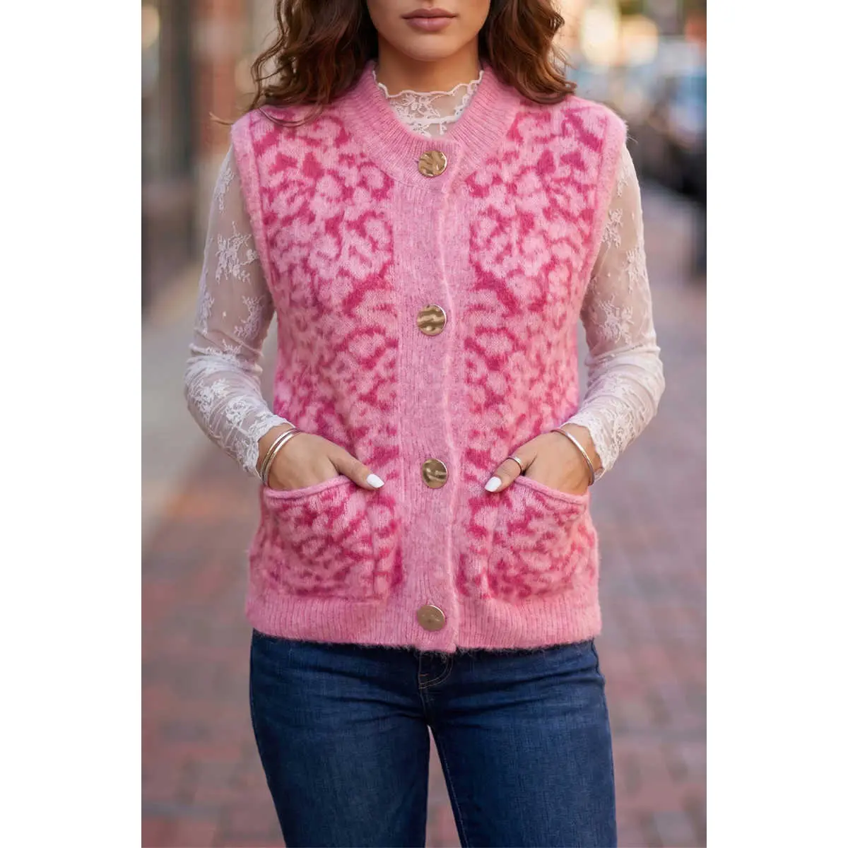 Women's Chic Pink Leopard Print Polyester Knit Round Neck Sleeveless Casual Sweater Vest - Tops, Waistcoat with Pocket, Regular-Wash Fabric, Women's Vests with Pockets