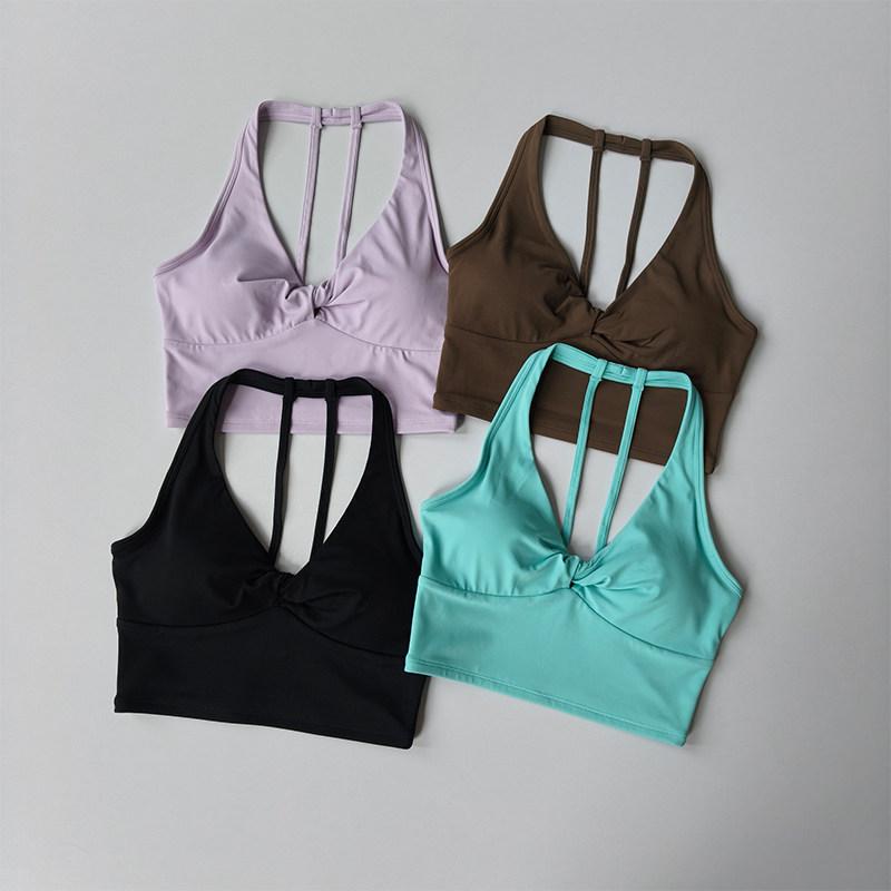Knotted Shockproof Sports Bra Fixed Cup Thin Straps Beautiful Back Yoga Clothing Vest Running Vest Fitness Clothing Bra Women