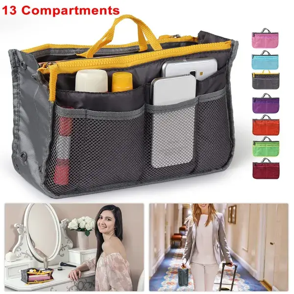 Women's Nylon Travel Handbag Organizer Insert with Zip, 11.4"x7.1"x3.5" Makeup Bag Liner, Reusable Travel Organizer with Multiple Pockets & Top Single Handle Strap