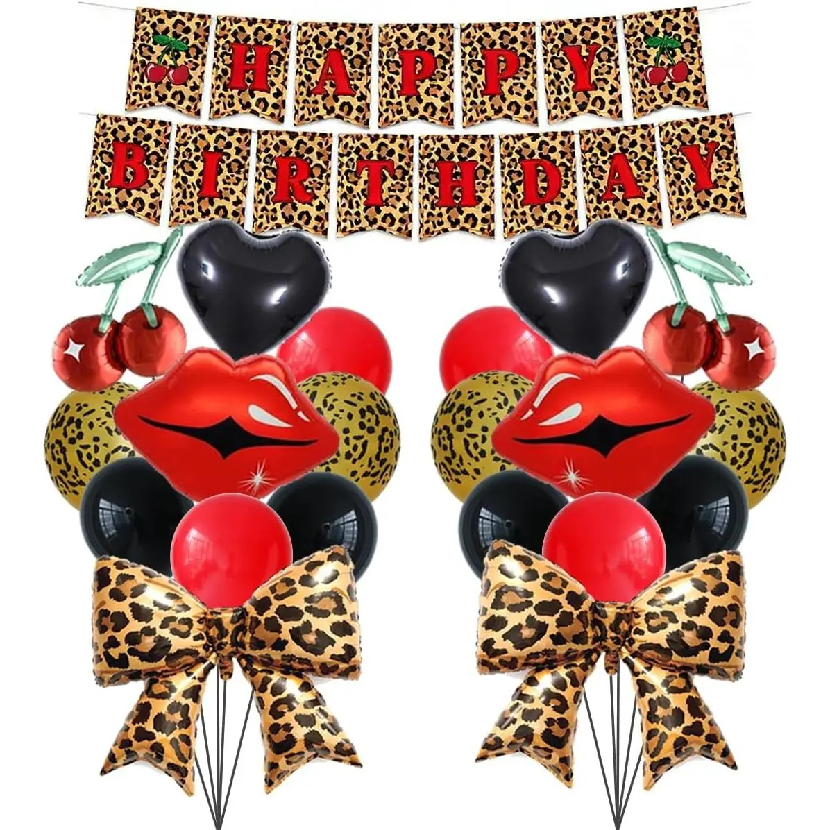 23 count Cherry  Birthday Decorations, Happy Birthday Banner with Red Black  Print Balloons, Lips Heart Bow Foil Balloons for Girls Women Bachelorette Leopard Birthday Party Decorations