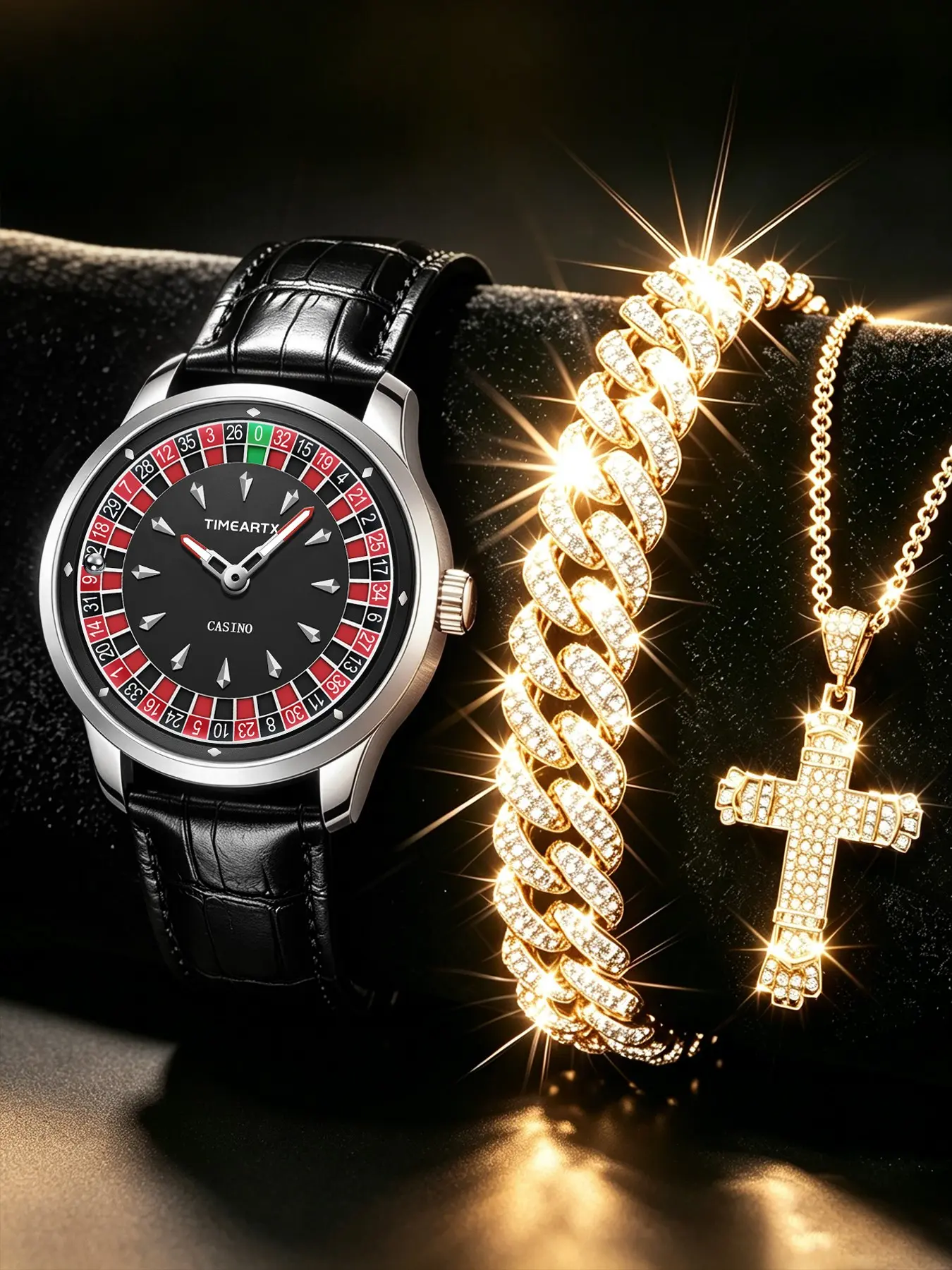 Timeartx Men's Quartz Watch, European Roulette Poker Style, Luminous Waterproof, Casual Analog Face, 44mm Alloy Case, Mineral Glass