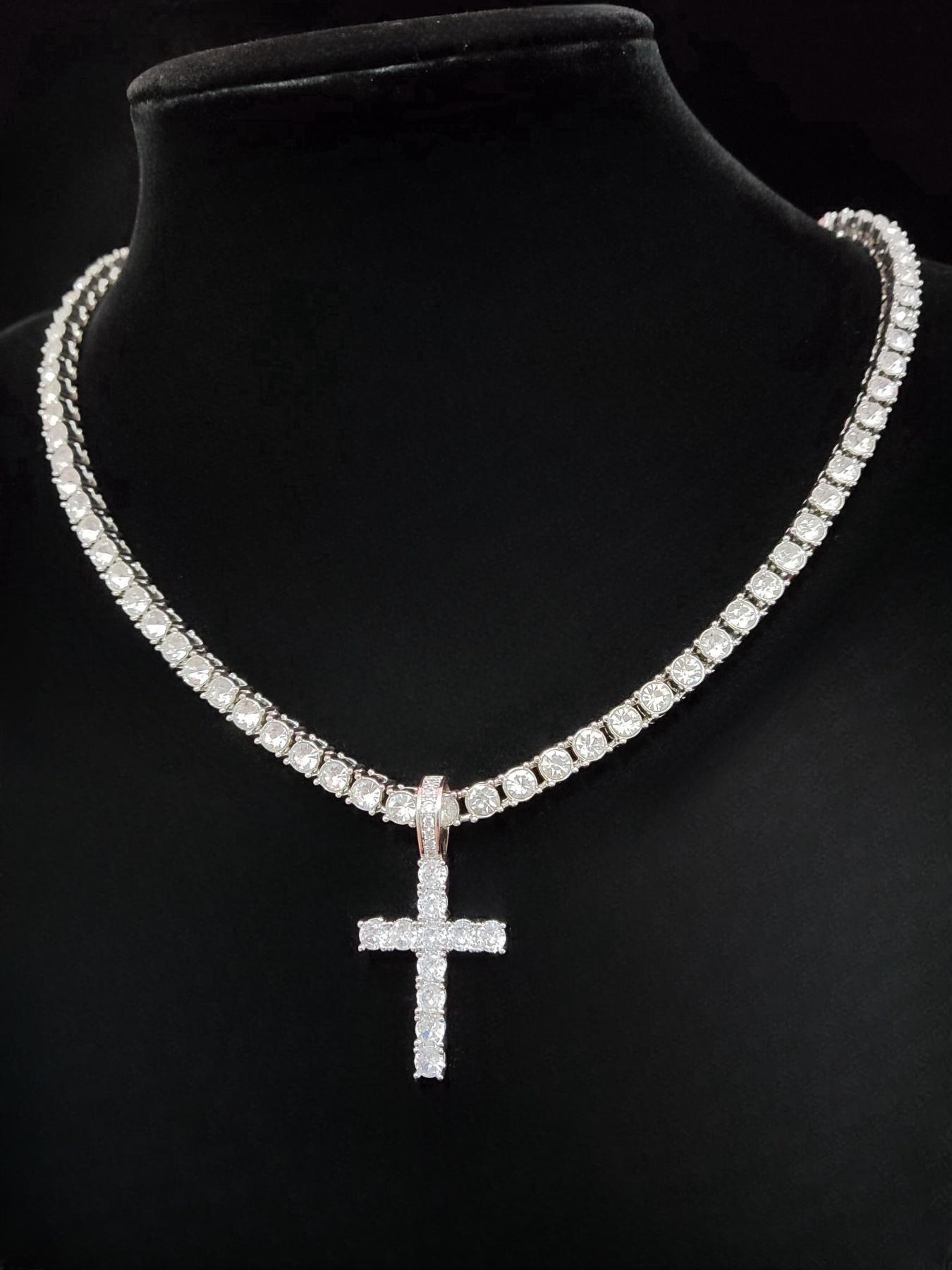 Artificial Zircon Inlaid Cross Pendant Necklace, Punk Style Necklace for Party, Daily Decor, Trendy All-match & Exquisite Hip Hop Jewelry for Birthday Gift, Zirconia Cross Pendant