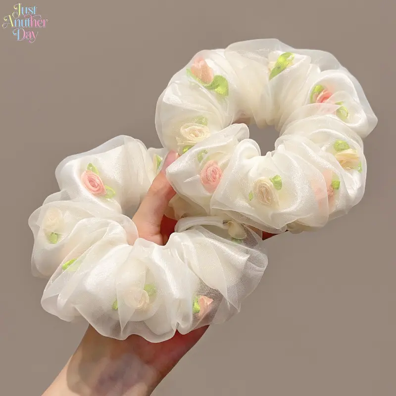 4Pcs Sheer Organza Floral Scrunchies Pastel Color Mesh Rose Flower Elastic Hair Ties Fluffy Large Hair Bands Sweet Fairy Hair Accessories For Women Spring Summer Ponytail Daily Picnic Travel Hairstyle