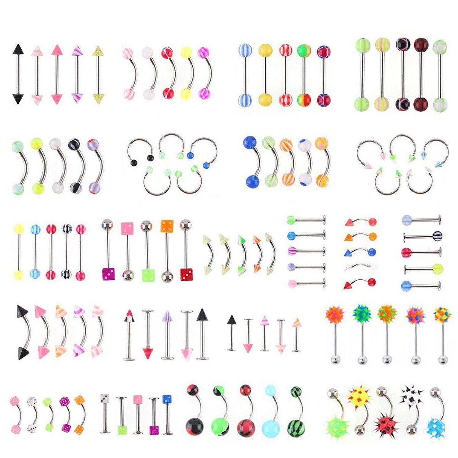 316L Stainless Steel Mixed Style Body Piercing Jewelry Set with Case, Colorful Nose Rings Tongue Rings Eyebrow Rings, Hypoallergenic Piercing Kit for Women Men