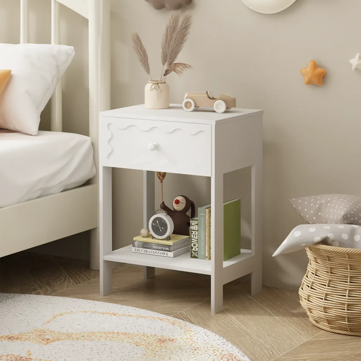 White Wave Pattern Nightstand with Drawers - 15.75"L×11.81"W×21.65"H Modern Wood+MDF Furniture Nightstand, Open Shelf, Waterproof, Scratch-Resistant, 50 lbs Capacity, Assembly Required Bedroom Bedside Table