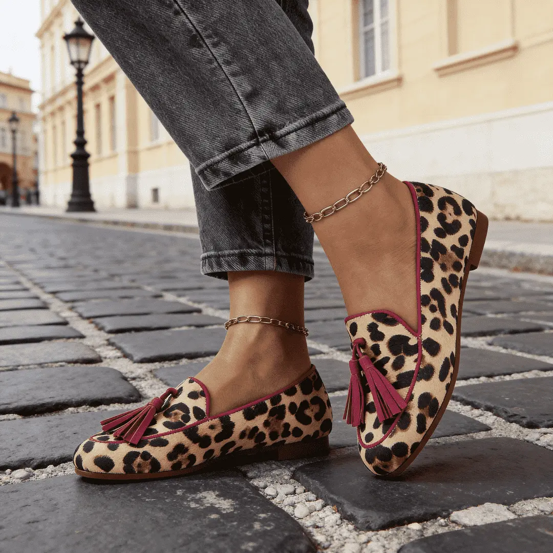 Women's Comfortable Leopard Print Round-Toe Loafers with Tassels, Plus Size 40-43 Flat Bottom Footwear, Casual Fashion Shoe