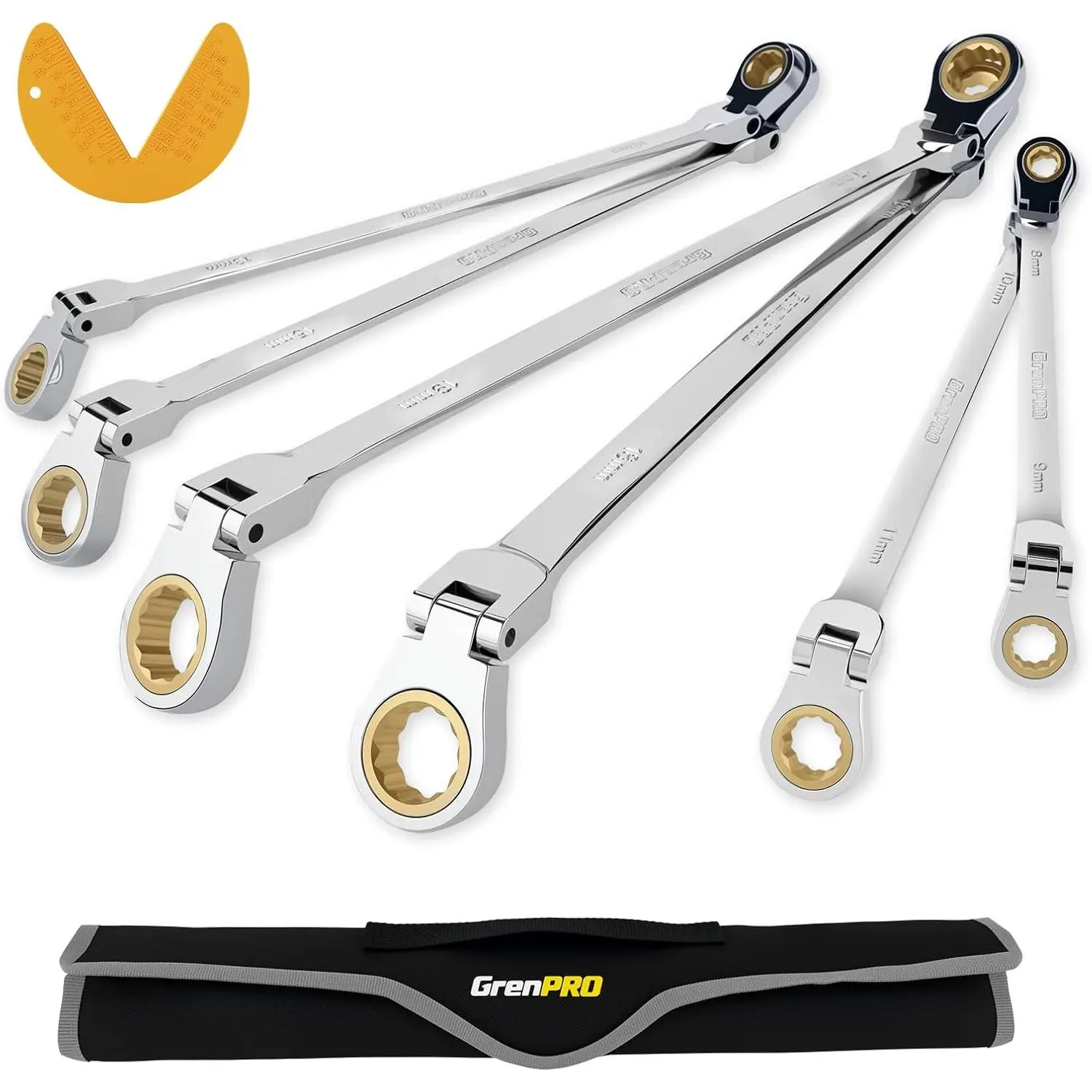 6PCS CR-V Steel Long Ratcheting Wrench Set - 72-Tooth 12-Point 8-19mm Metric, Box End Fits Metric Jobs, with Size Gauge chrome steel hardware vanadium