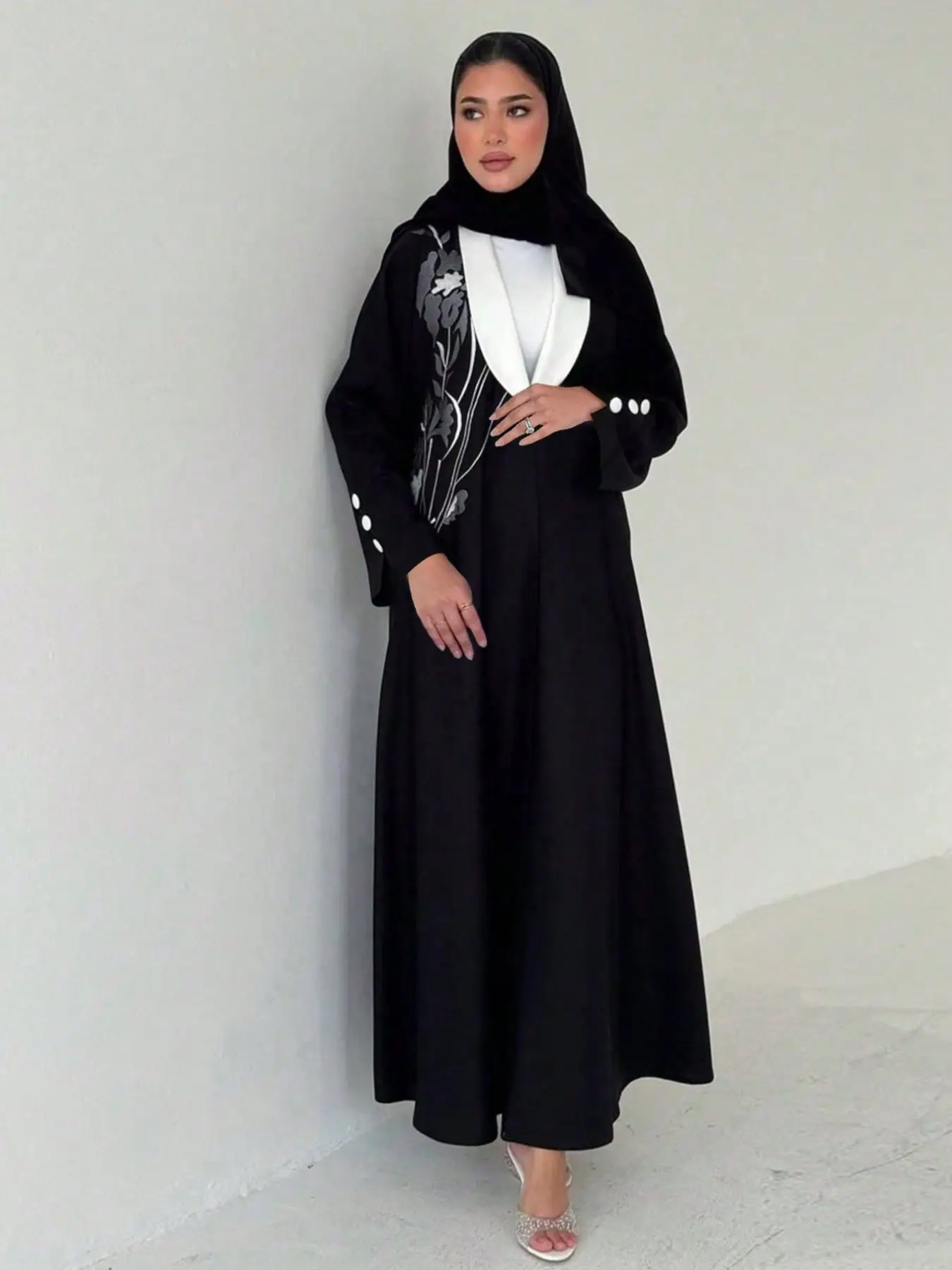 Hafizah Women's Floral Embroidered Long Cardigan, Loose-Fitting Single Button Sleeve Outerwear, All-Season Fashion Coat