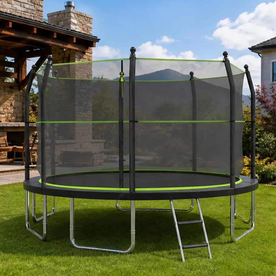 ARCH 14ft Outdoor Trampoline with Enclosure Net and Ladder, Heavy-Duty 14 Foot Round Backyard Trampoline for Kids and Adults, Rust-Resistant Metal Frame, Breathable Tear-Resistant Safety Net, Black+Green, Black+Green Color Options