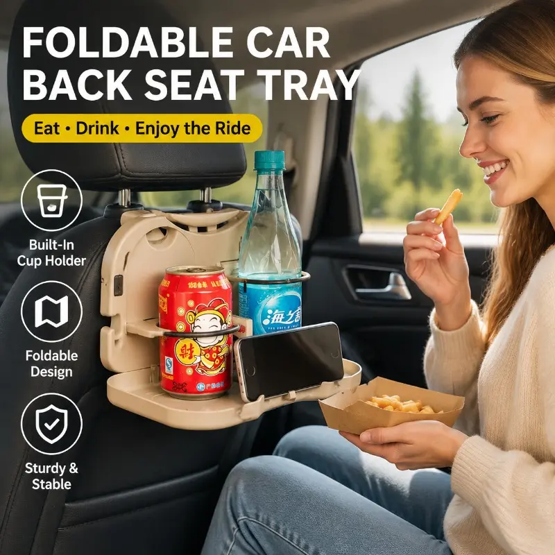 Car Backrest Mounted Food Tray Multi Purpose Rear Seat Drink Table with Cup Holder Vehicle Backseat Storage Organizer for Road Trip