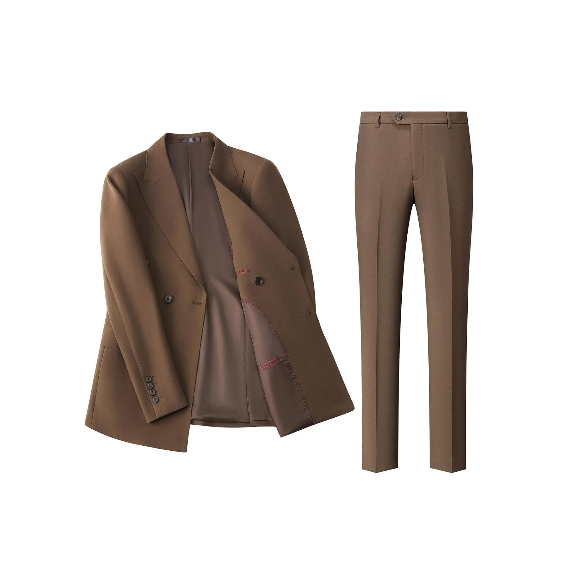 Men's 2-Piece Double Breasted Suit Set - Long Sleeve Peak Lapel Solid Color Viscose Blazer with Pocket & Slim Fit Trousers for Business, Wedding Formal Wear, Menswear