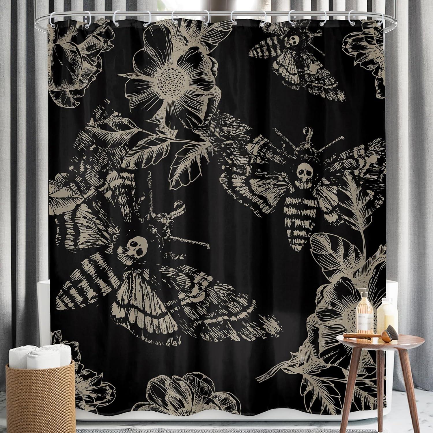 Skull Moth Pattern Shower Curtain Sets, 1 Count Bathroom Interior Curtain with Hooks, Bathroom Accessories for Home Hotel Salon Dormitory Decor, Showercurtain, Bathroom Decoration Accessories