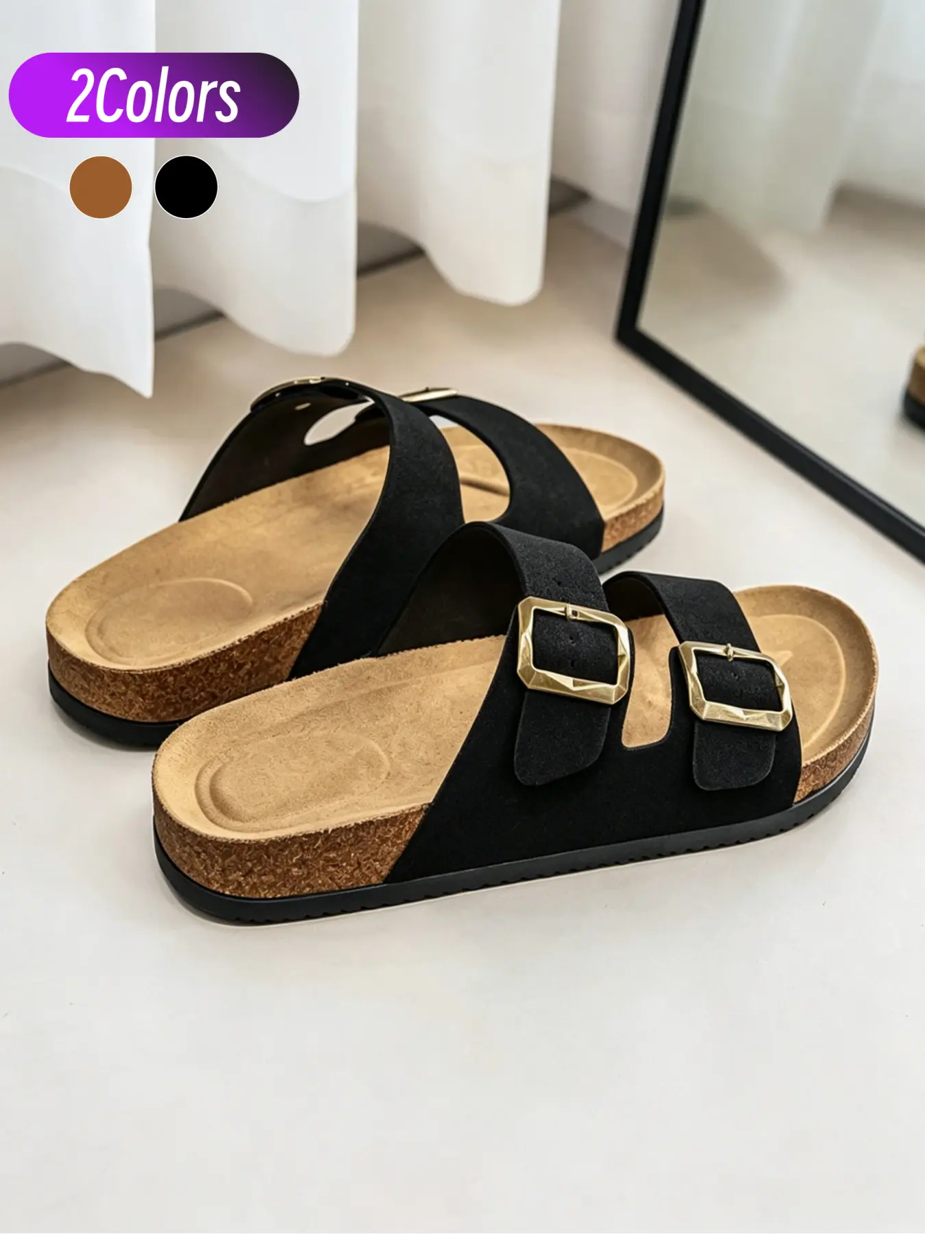 1 Pair Men Japanese Vintage Dual Strap Cork Slides, Antique Metal Buckle Arch Support Non-slip Sole For Home Walks Coffee & Short Trips