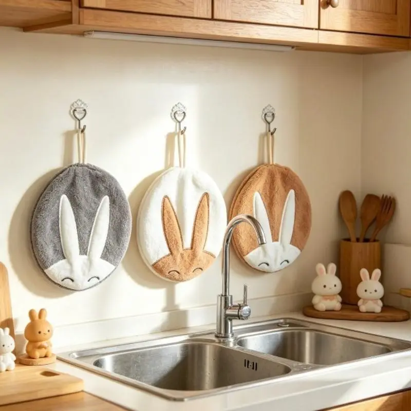 3pcs Cute Rabbit Shaped Hanging Hand Towels, Soft Coral Fleece Absorbent Quick Dry Bunny Face Hand Cloths, Decorative Towels for Kitchen Bathroom Home Decor
