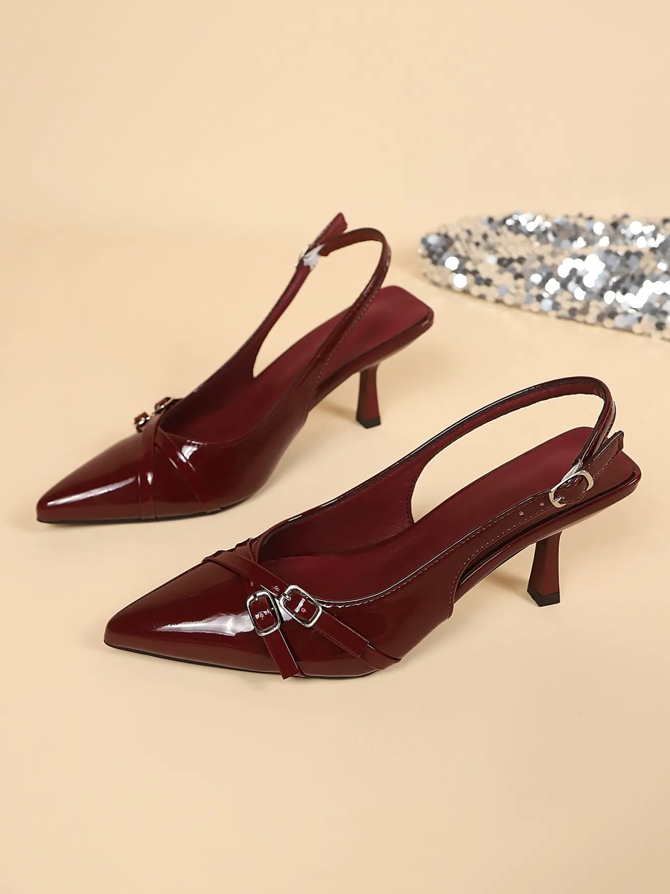 Women Chic Glossy Patent Strappy Slingback Heels, Metal Buckle Decor Adjustable Back Strap Lightweight Dress Pumps, Weekend Café Evening Holiday Wear, 2 Colors Black Burgundy Footwear