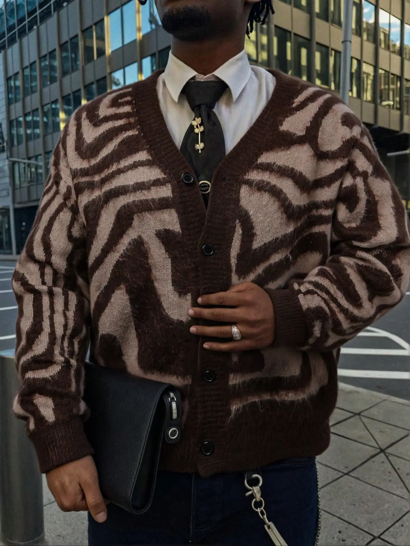 Classic Long Sleeve V Neck Cardigan, Casual Fitted Button Front, Zebra Stripe Print, Spring & Fall Men's Fashion, Perfect Gift for Partner, Knitwear, Menswear, Striped Knitted Cardigan