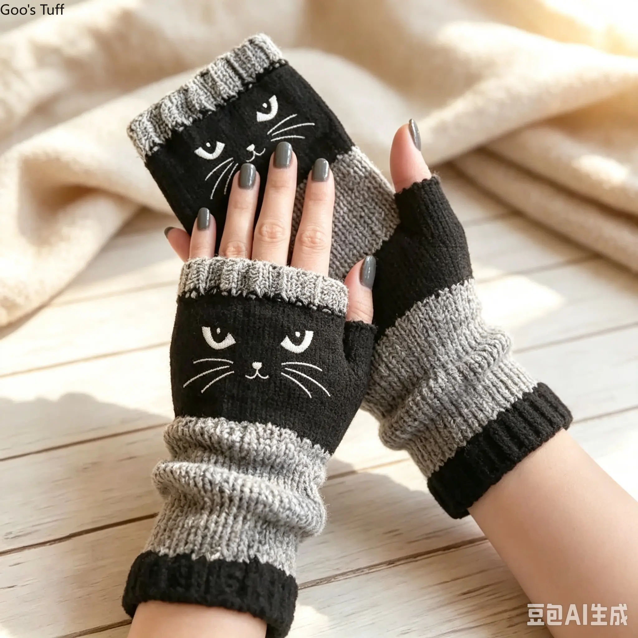 Women's Knit Fingerless Gloves - Warming, Flexible, Embellished Casual Fashion Gloves, Embroidered Cat Design Winter Accessories, Warming Gloves