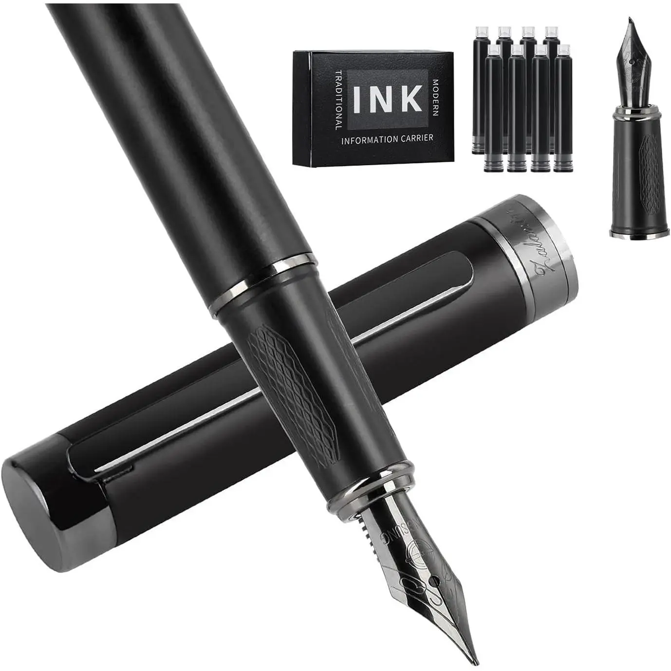 Fountain pen, luxury pen, Nice pen , pure copper heavy feel Office Executive Pen Smooth Writing Pens for Men Funcy Pens with  Case 10 black ink cartridges (Black)